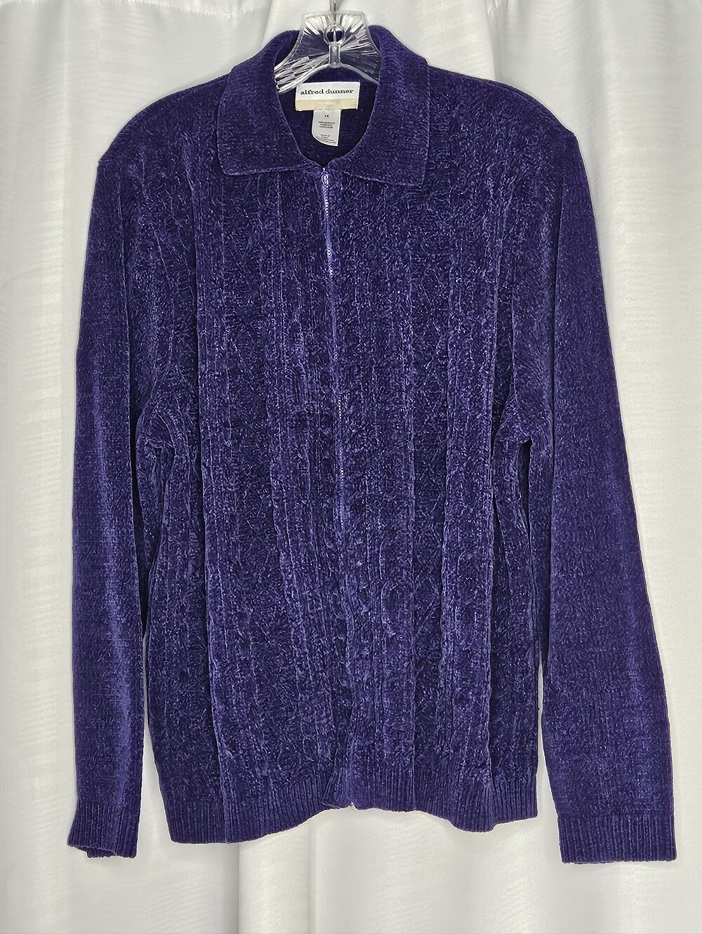 Alfred Dunner purple chenille zip up long sleeve cardigan sweater size 1x